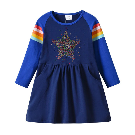 Girls Star Dress Children Cotton Sequined Dresses with Pockets