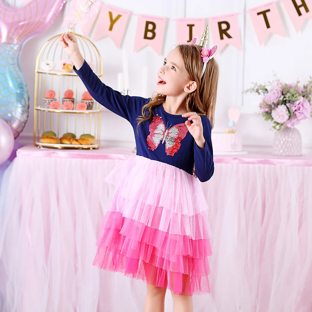 Sequined Butterfly Tutu Kids Layer Dress